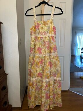 American Eagle Floral Tiered Maxi Sundress - Yellow & Pink